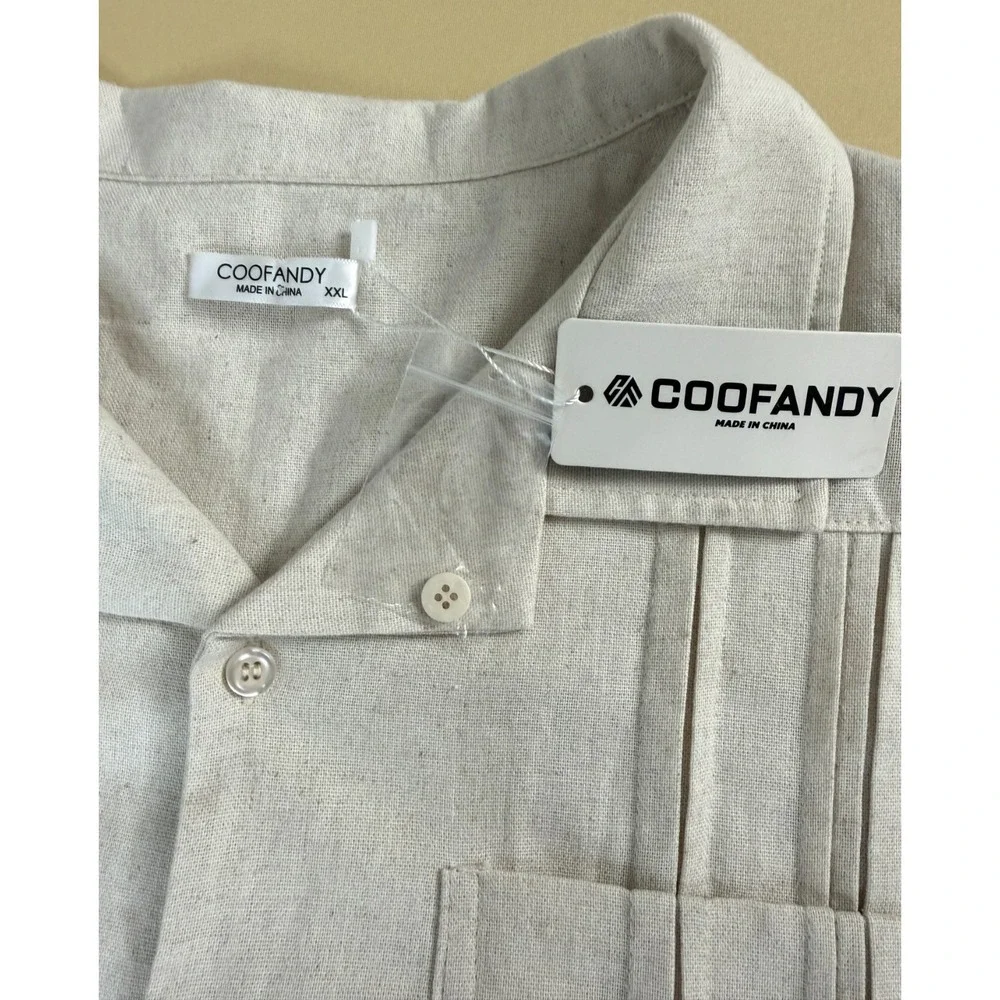 NEW COOFANDY Men's XXL Guayabera Shirt‎ Tan Linen Blend Short Sleeve Cuban Beach